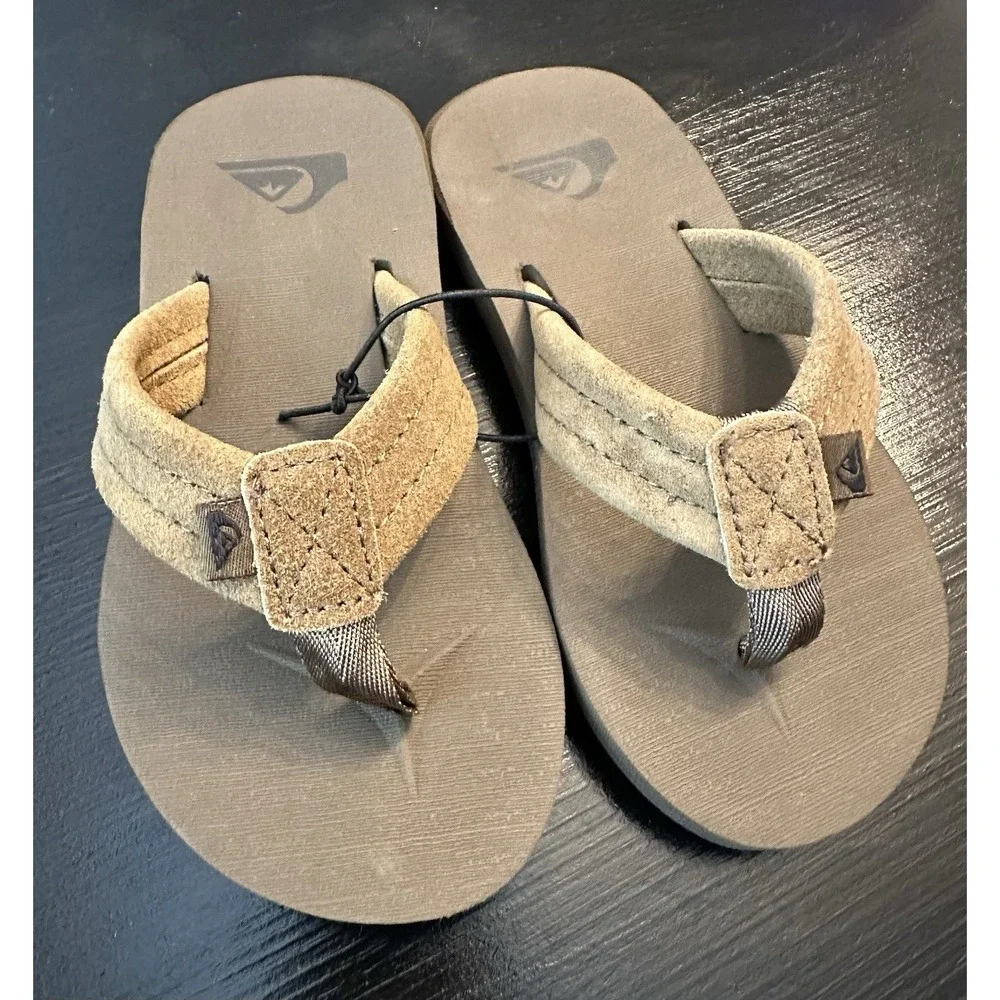 New Quiksilver Boy's Brown Carver Suede Fixed Strap Kids Flip Flop - Size 12